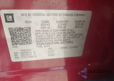 2020 Chevrolet Equinox Fwd Lt 1.5L Turbo из США, поврежденный, VIN 2GNAXKEV9L6273991